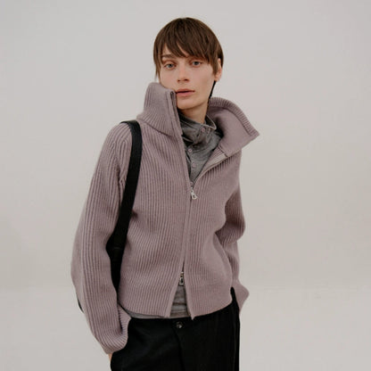 Thick Zipper Stand Neck Knit Cardigan WN21673
