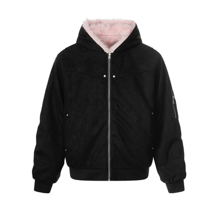 Reversible Fake Fur Collar Fleece Lining Hooded Zipper Jacket WN21863