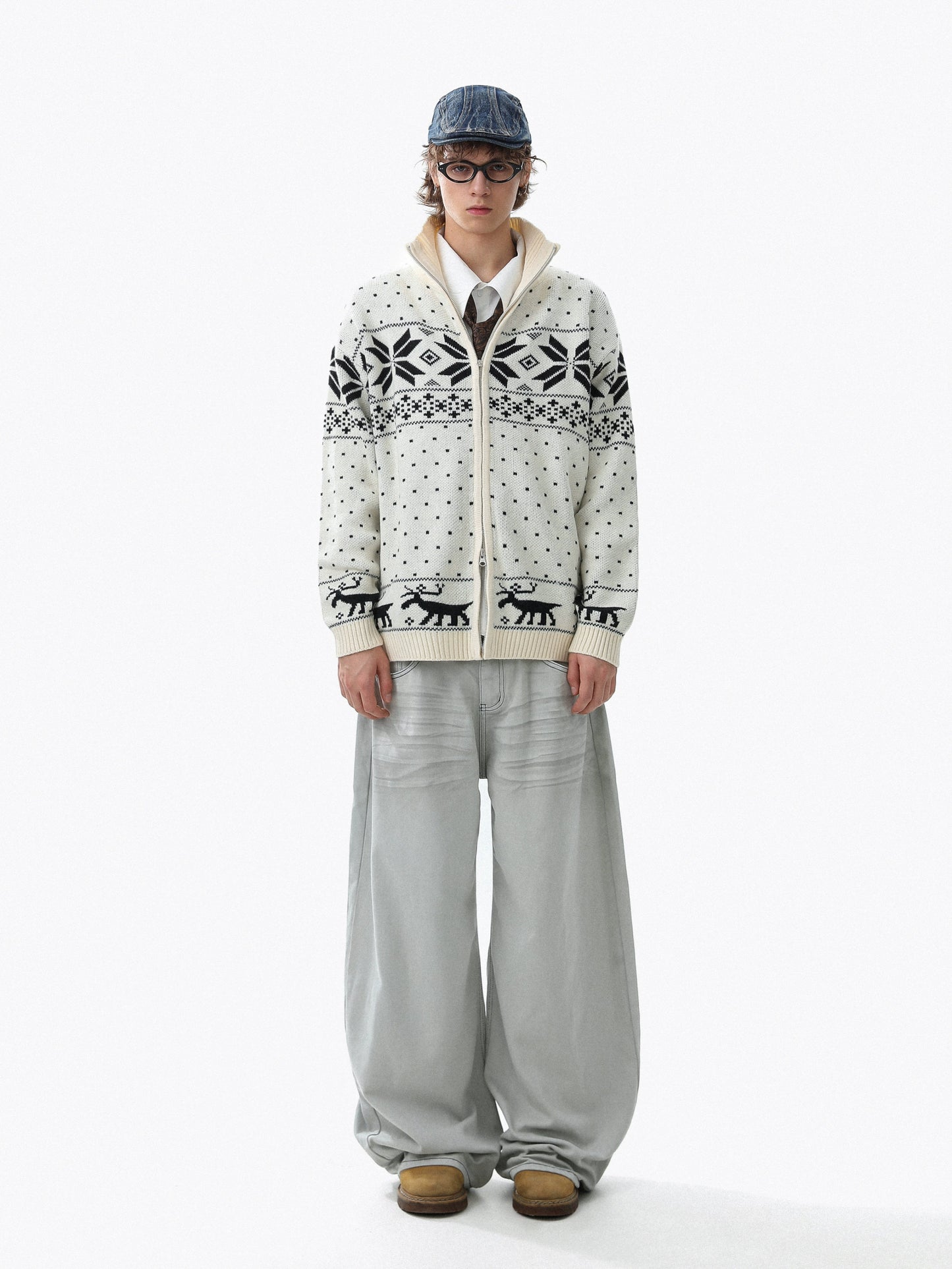 Snowflake Zipper Stand Neck Knit Sweater WN22102