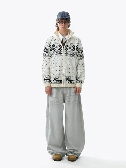 Snowflake Zipper Stand Neck Knit Sweater WN22102