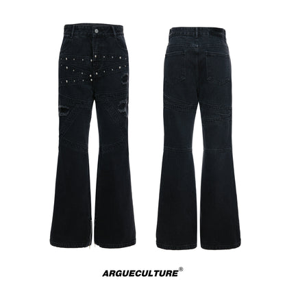 Wash Rivet Damage Patchwork Flare Denim Jeans WN23551