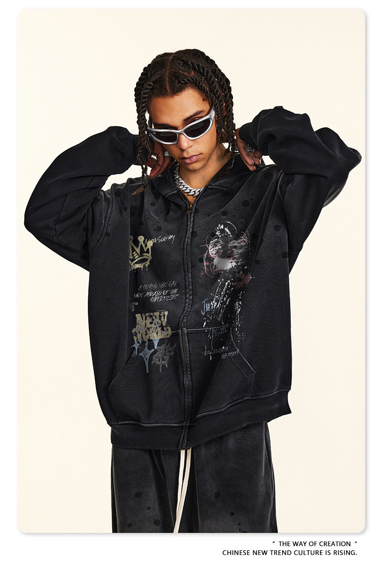 Graffiti Print Oversize Zipper Hoodie WN9936