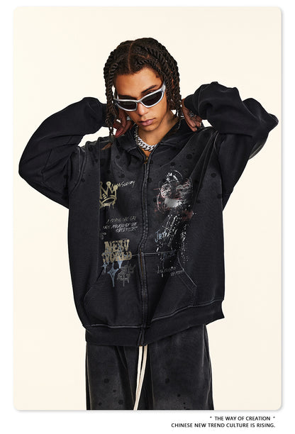 Graffiti Print Oversize Zipper Hoodie WN9936