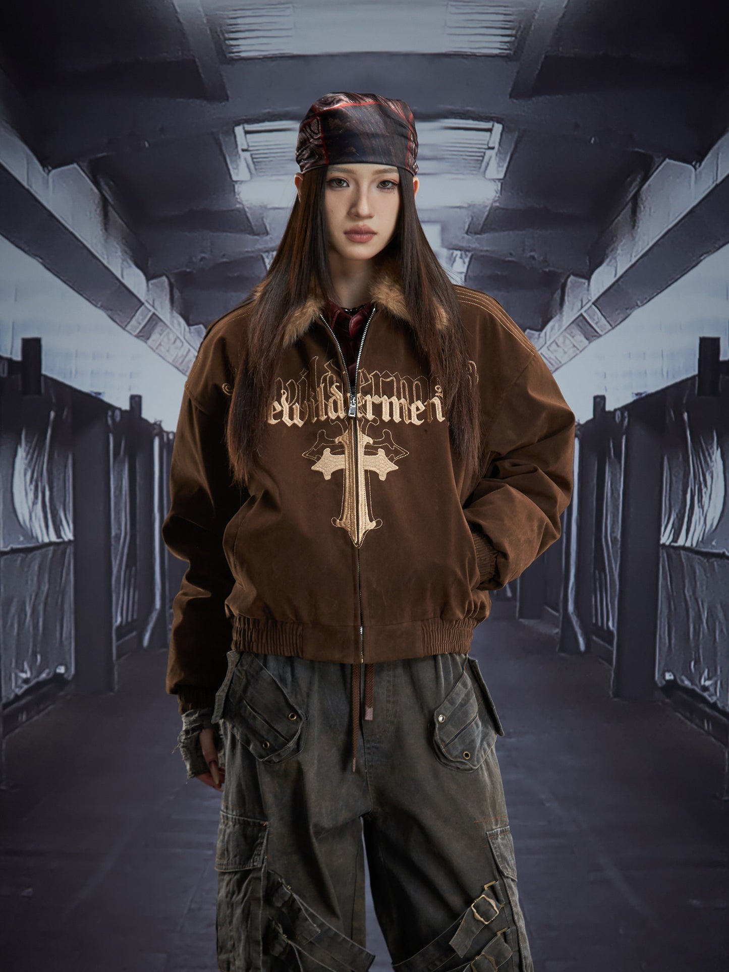 Cross Embroidery Fur Collar Oversize Padded Jacket WN22853