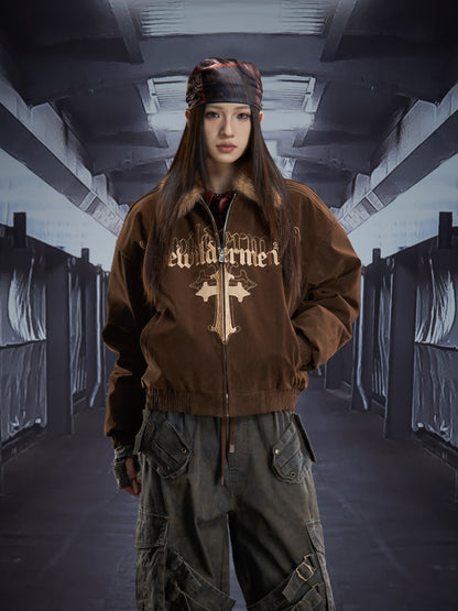 Cross Embroidery Fur Collar Oversize Padded Jacket WN22853