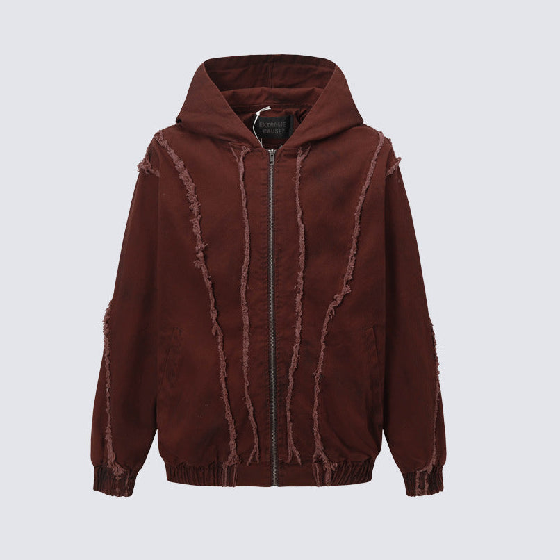 Frayed Damage Hooded Zipper Jacket WN27974