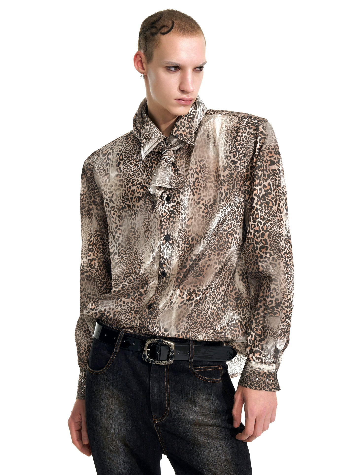 Leopard Print Shoulder-Pad Long Sleeve Shirt WN20942