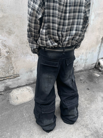 Detachable Multi-Pocket Washed Flare Denim Jeans WN22221