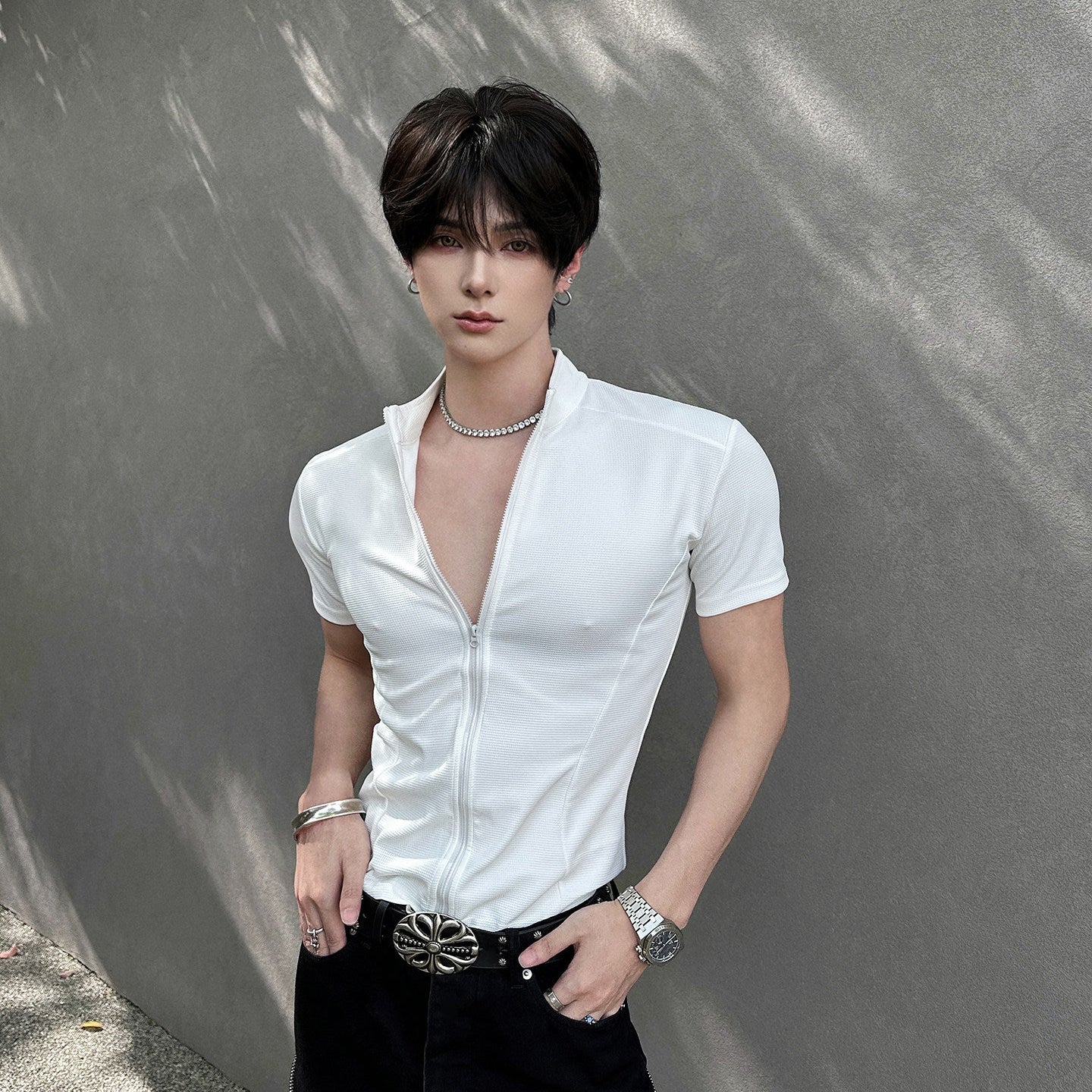 Solid Color Zipper Short Sleeve T-Shirt WN25042