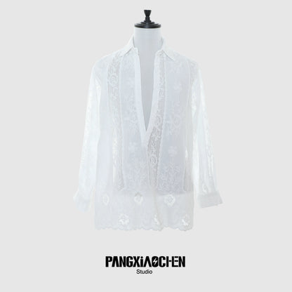 Sheer Floral Embroidery Long Sleeve Shirt WN20498