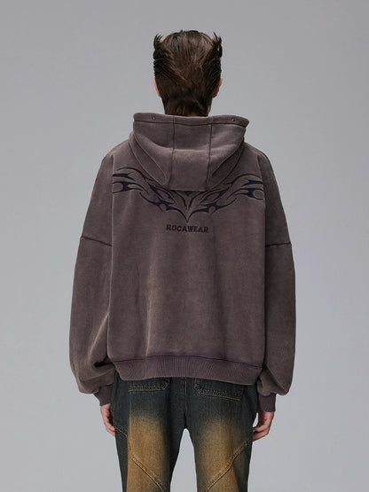 Washed Embroidery Design Zipper Hoodie WN17796