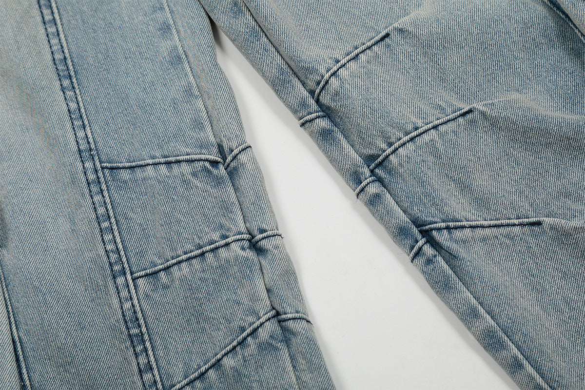 Washed Curved Multi Pocket Wide Leg Cargo Denim Jeans WN25736
