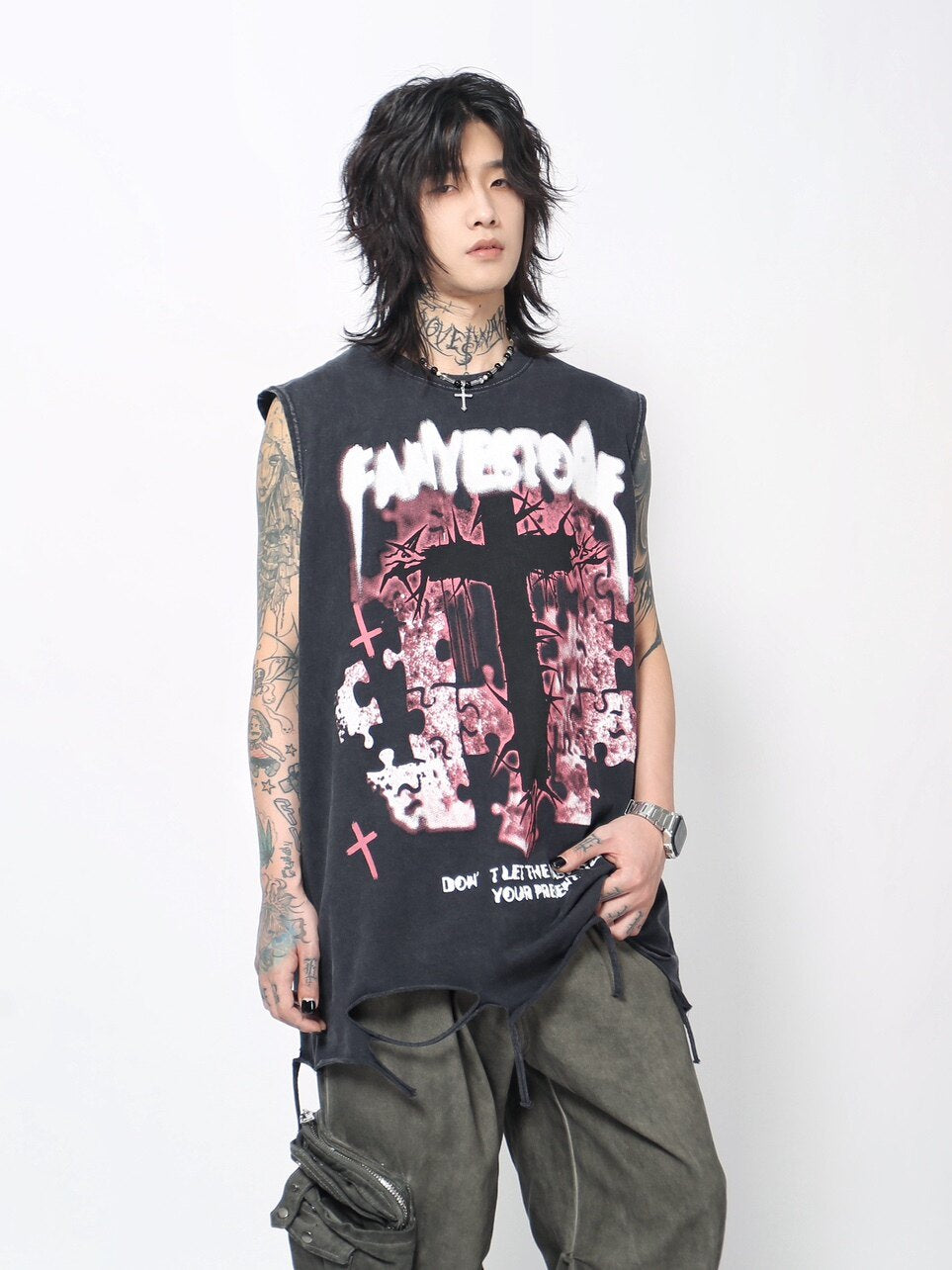 Cross Graphic Print Damage Drawstring Sleeveless T-Shirt WN24490
