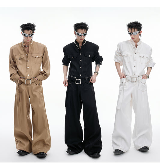 Pearl Detail Collarless Short Denim Jacket & Cargo Denim Jeans Setup WN20513