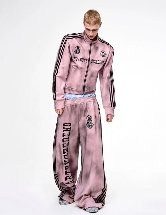 Four-Bar Spray Damage Stand Neck Zopper Jacket & Wide Leg Pants Set WN21811