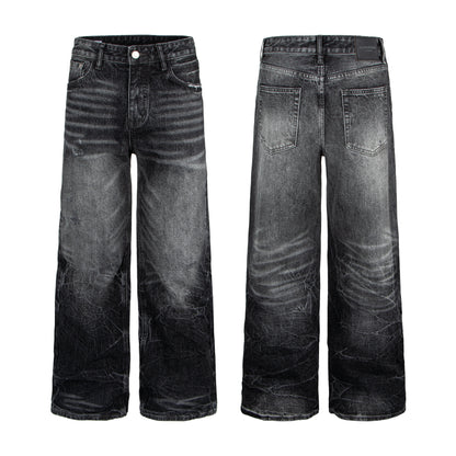 Art Whisker Honeycomb Wash Damage Straight Denim Jeans WN22902