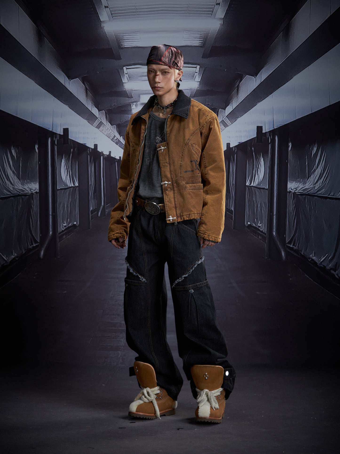 Deconstruct Design Topstitch Raw Edge Wide Leg Barrel Denim Jeans WN22865