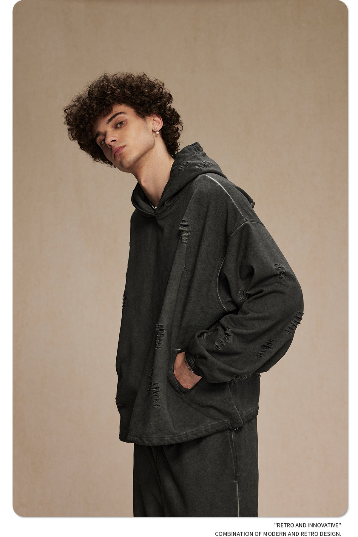 Oversize Drawstring Damage Hoodie WN9974