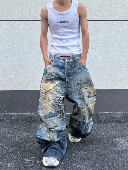 Abstract Print Wide Leg Denim Jeans WN24080