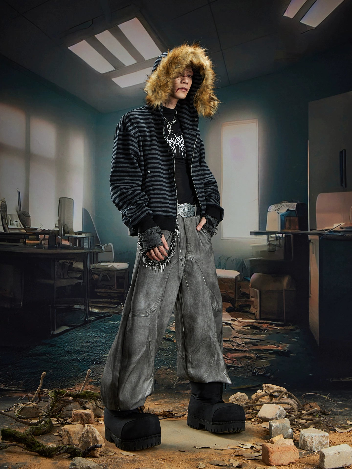 Fur Splicing Stripe Zipper Hoodie WN20591