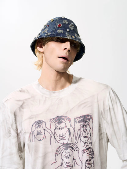 Rhinestone Washed Damage Denim Hat WN21776