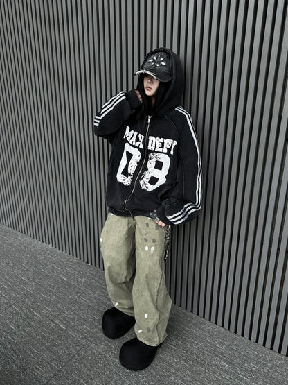 Washed Damage Letter Oversize Zipper Hoodie WN24214