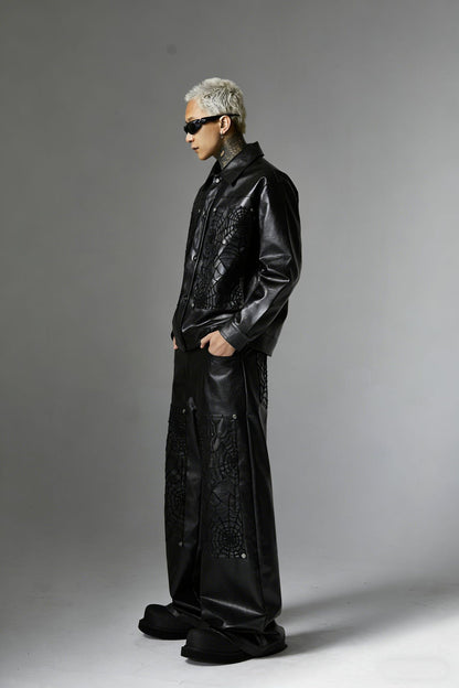 Snap-Button Emboss PU Leather Jacket &PU Leather Wide Leg Pants Setup WN23095-K