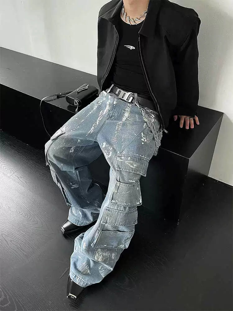 Heavy Metal Coating Wide-Leg Cargo Denim Jeans WN8181