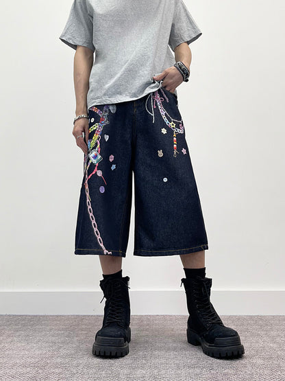 3D Chain Print Wide Leg Half Denim Jeans WN24263