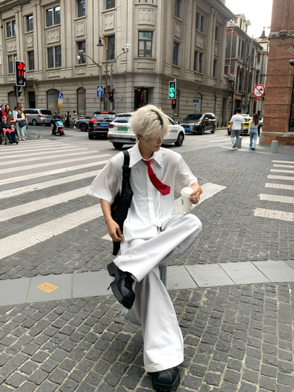 Necktie & Shoulder-Pad Design Short Sleeve Shirt WN19765