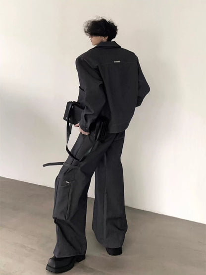 Oversize Shoulder Pad Zipper Jacket & Wide Leg Cargo Pants Setup WN9183