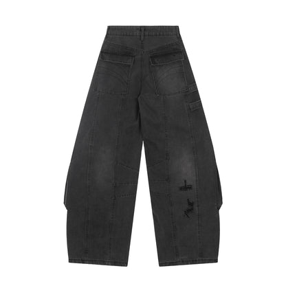 Washed Curved Multi Pocket Wide Leg Cargo Denim Jeans WN25736