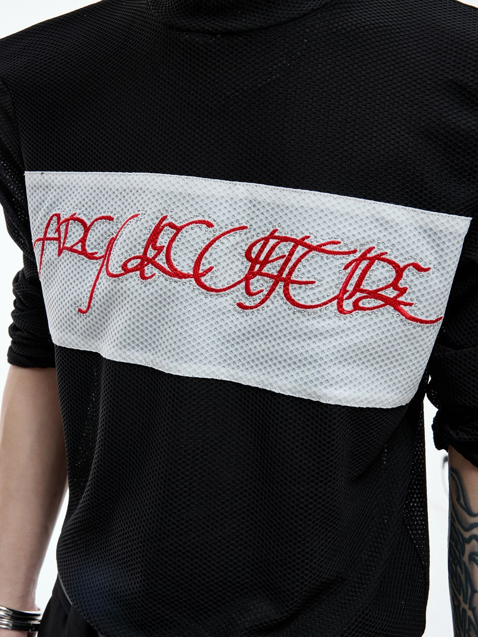 Mesh Stretch Embroidery Colorblock Long Sleeve T-Shirt WN20535