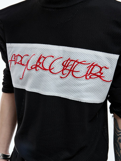 Mesh Stretch Embroidery Colorblock Long Sleeve T-Shirt WN20535
