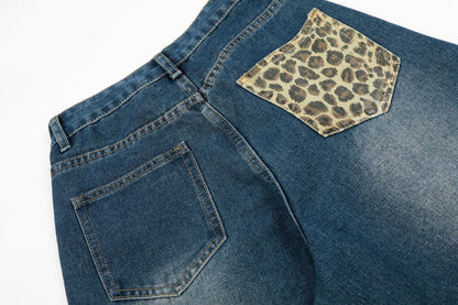 Leopard Print Cross Wide Leg Denim Jeans WN25579