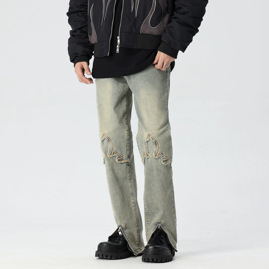 Zipper Hem 3D Embroidery Flare Denim Jeans WN17506