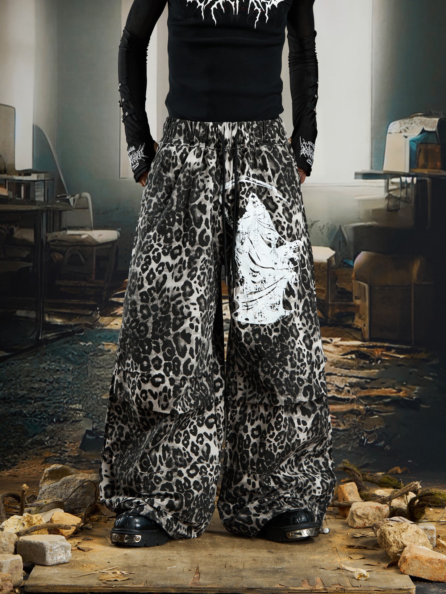 Leopard Print Pleats Wide Leg Pants WN22766