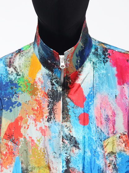 Abstract Paint Standing-Collar Short Jacket WN23717