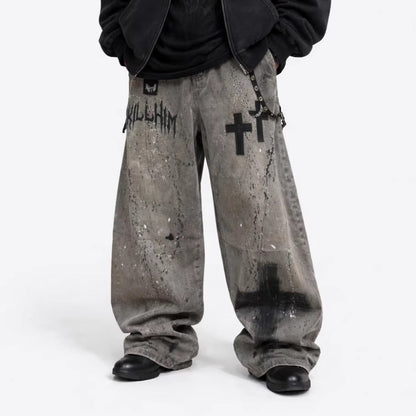 Ink Splash Ripped Detachable Metal Chain Wide Leg Denim Jeans WN27871