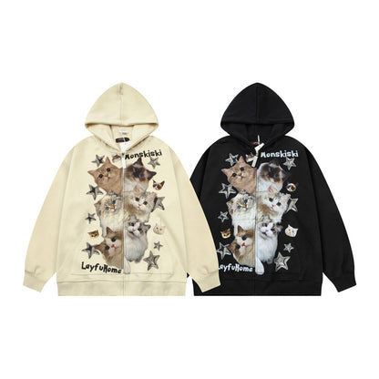 Cat Print Oversize Zipper Hoodie WN11389