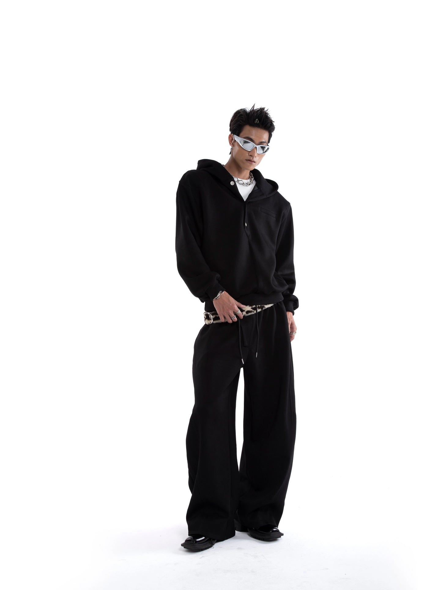 Multi-Button Zipper Hoodie & Wide Leg Sweatpants Setup WN20645