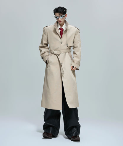 Striped Mix Stitch Standing-Collar Long Trench Coat WN21684