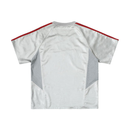 Chest Emblem PU Leather Stitching V-Neck Oversize Short Sleeve T-Shirt WN25655