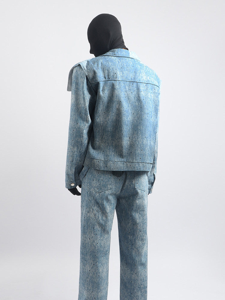 Washed Texture Short Jacket & Washed Texture Wide Leg Pants Setup WN23718