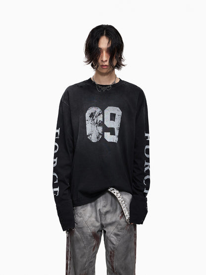 Hole Washed Stain Button-Cuff Long Sleeve T-Shirt WN27302