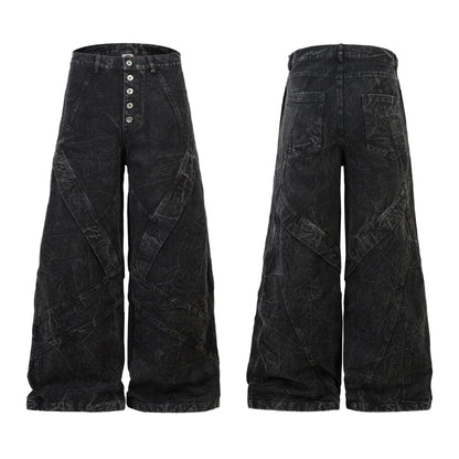 Washed Crinkle Button Fly Wide Leg Denim Jeans WN26144