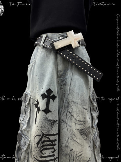 Cross Print Cargo Wide Leg Cropped Denim Jeans & Skull Belt & Cross Belt & Belt Chain WN23794