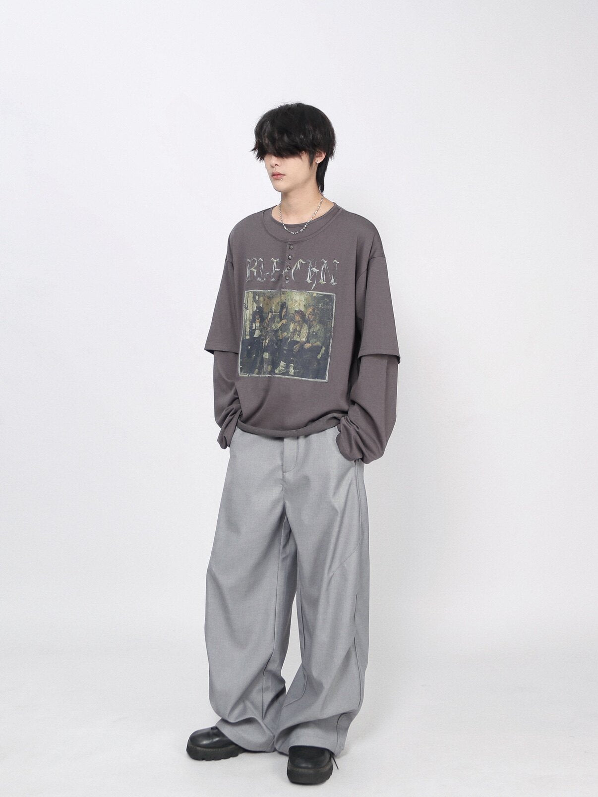 Fake Layered Print Oversize Long Sleeve T-Shirt WN24415
