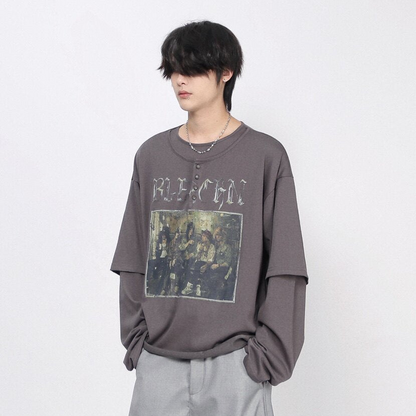 Fake Layered Print Oversize Long Sleeve T-Shirt WN24415