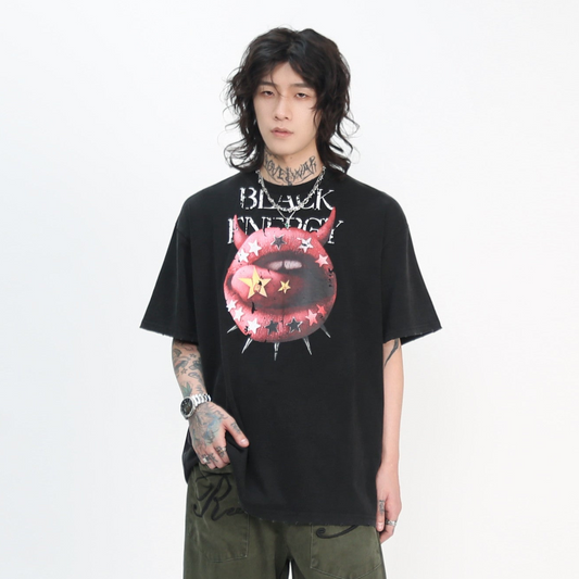 Washed Tongue Print Short Sleeve T-Shirt WN24452